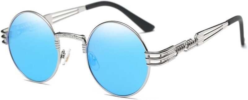 CEREMONYT Sunglasses Round  Sunglasses Steampunk Metal Classic Frame Mirror Lens(C1:Black Lens+ Silver Frame)