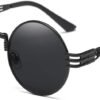 CEREMONYT Sunglasses Round  Sunglasses Steampunk Metal Classic Frame Mirror Lens(C1:Black Lens+ Silver Frame)