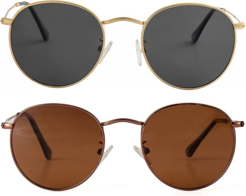 CEREMONYT Sunglasses Round Small Round Polarized Sunglasses for Men Women Classic Circle Metal Frame Sun Glasses 2 Pack