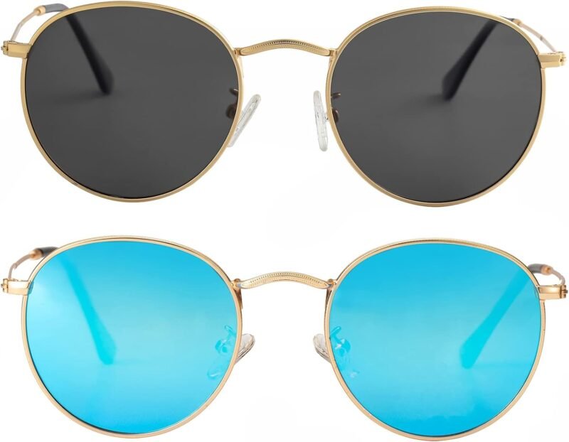CEREMONYT Sunglasses Round Small Round Polarized Sunglasses for Men Women Classic Circle Metal Frame Sun Glasses 2 Pack