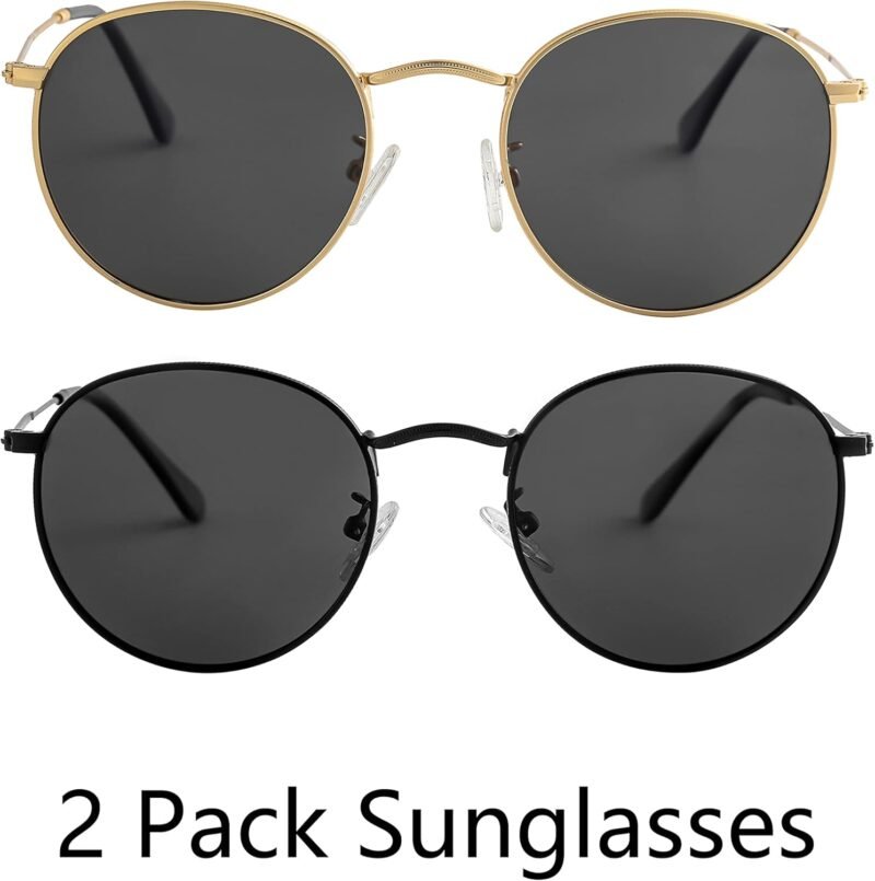 CEREMONYT Sunglasses Round Small Round Polarized Sunglasses for Men Women Classic Circle Metal Frame Sun Glasses 2 Pack
