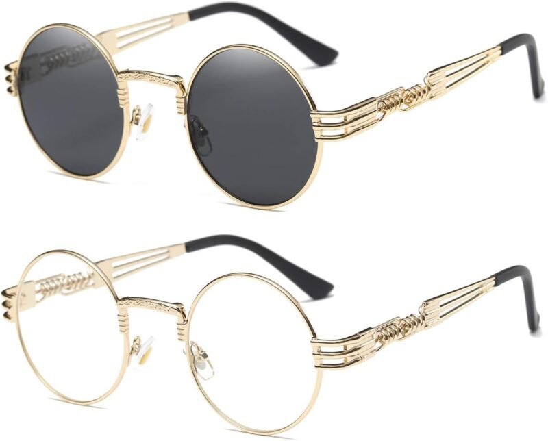 CEREMONYT Sunglasses Round  Sunglasses Steampunk Metal Classic Frame Mirror Lens(C1:Black Lens+ Silver Frame)