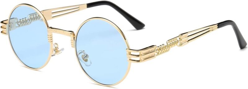 CEREMONYT Sunglasses Round  Sunglasses Steampunk Metal Classic Frame Mirror Lens(C1:Black Lens+ Silver Frame)