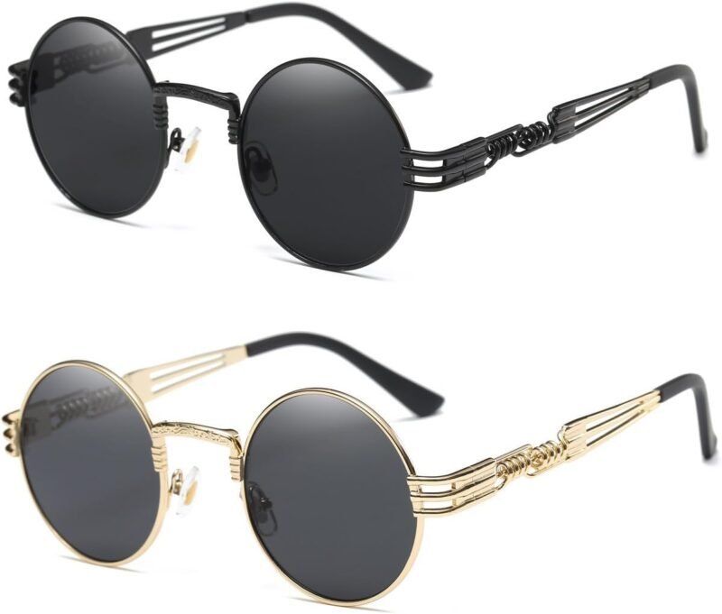 CEREMONYT Sunglasses Round  Sunglasses Steampunk Metal Classic Frame Mirror Lens(C1:Black Lens+ Silver Frame)