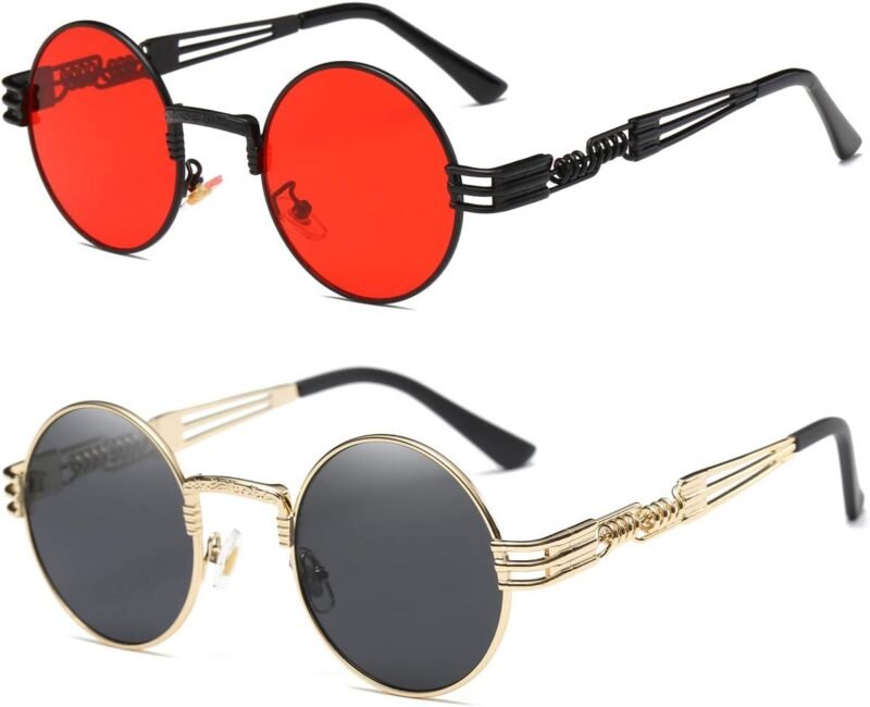 CEREMONYT Sunglasses Round  Sunglasses Steampunk Metal Classic Frame Mirror Lens(C1:Black Lens+ Silver Frame)