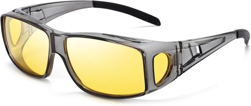 CEREMONYT Sunglasses Wraparound Night Vision Glasses for Women Men, Fit Over Prescription Glasses with Anti Glare Yellow Lens
