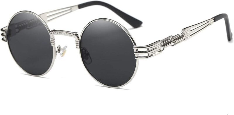 CEREMONYT Sunglasses Round  Sunglasses Steampunk Metal Classic Frame Mirror Lens(C1:Black Lens+ Silver Frame)