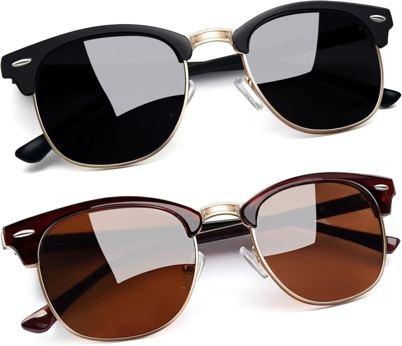 CEREMONYT Sunglasses Round  Semi-Rimless Sunglasses Half Frame Sun Glasses Brownline Shades for Women Men UV400 Protection