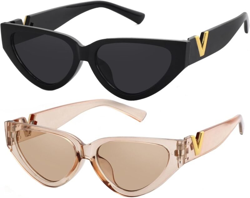 CEREMONYT Sunglasses Cat EyeFashion Cat Eye Sunglasses for Women 90s  Trendy Y2K Aesthetic Vintage Small Black Shades 2 Pack