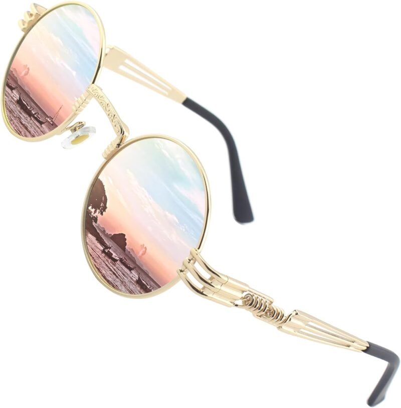 CEREMONYT Sunglasses Round E72 Retro Steampunk Style Inspired Round Metal Circle Polarized Sunglasses for Women Men