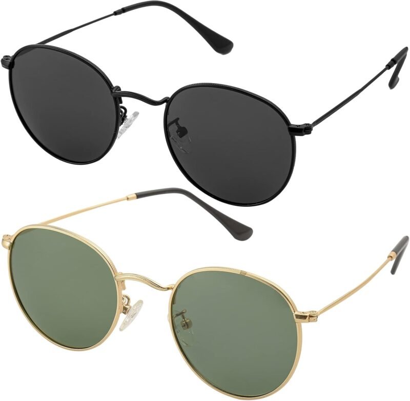 CEREMONYT Sunglasses Round Small Round Polarized Sunglasses for Men Women Classic Circle Metal Frame Sun Glasses 2 Pack