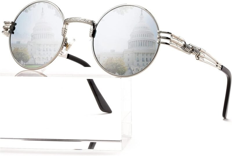 CEREMONYT Sunglasses Round  Round Steampunk Sunglasses Circle Lennon Hippie Glasses Metal Frame 100% UV Blocking Lens