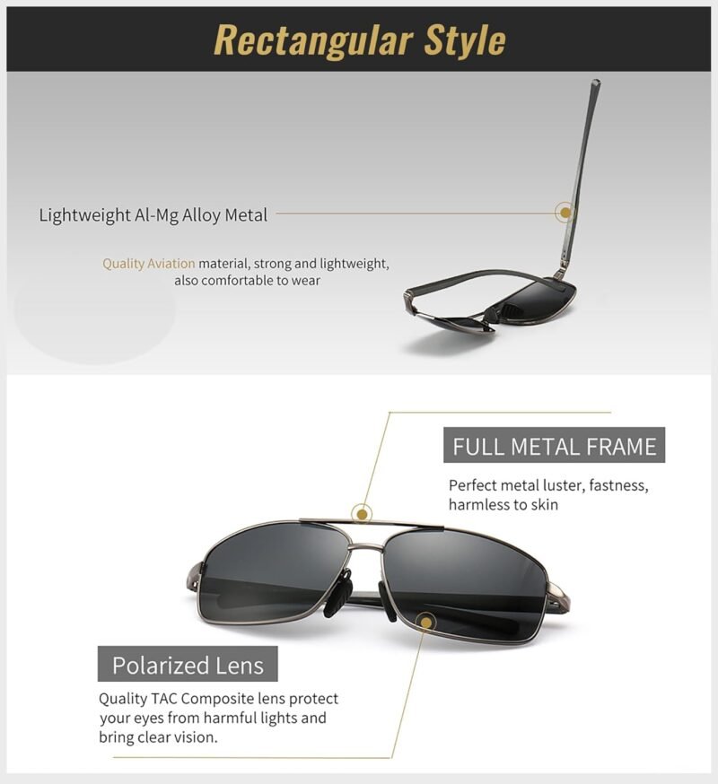 CEREMONYT Sunglasses Lightweight Rectangular Men’s Sunglasses and Military Style Polarized Pilot  Sunglasses