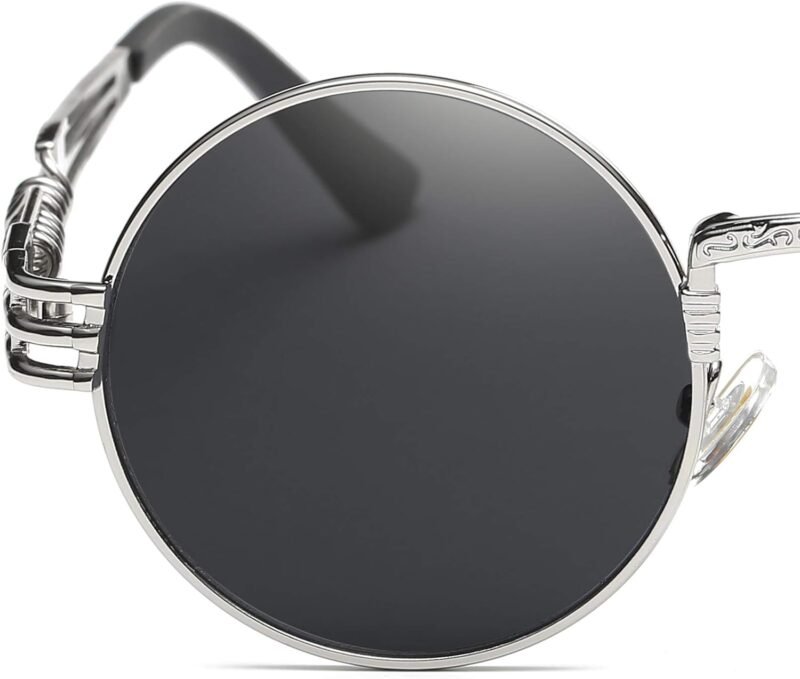 CEREMONYT Sunglasses Round  Sunglasses Steampunk Metal Classic Frame Mirror Lens(C1:Black Lens+ Silver Frame)
