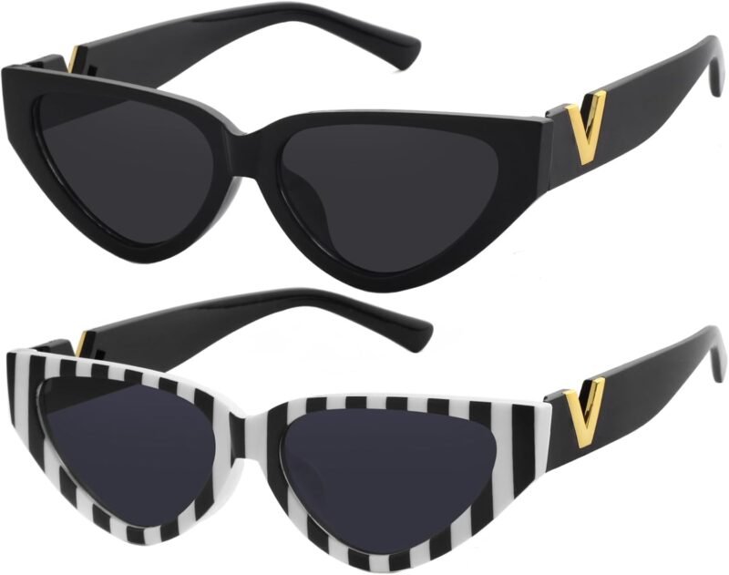 CEREMONYT Sunglasses Cat EyeFashion Cat Eye Sunglasses for Women 90s  Trendy Y2K Aesthetic Vintage Small Black Shades 2 Pack