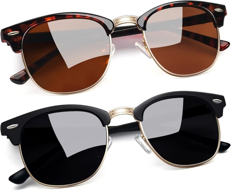 CEREMONYT Sunglasses Round  Semi-Rimless Sunglasses Half Frame Sun Glasses Brownline Shades for Women Men UV400 Protection