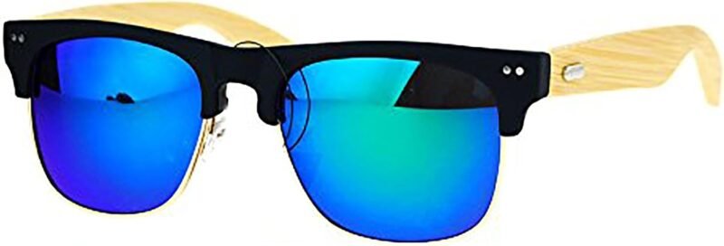 CEREMONYT Sunglasses Browline Real Bamboo Temple Sunglasses Square Matted Top Mirror Lens UV 400