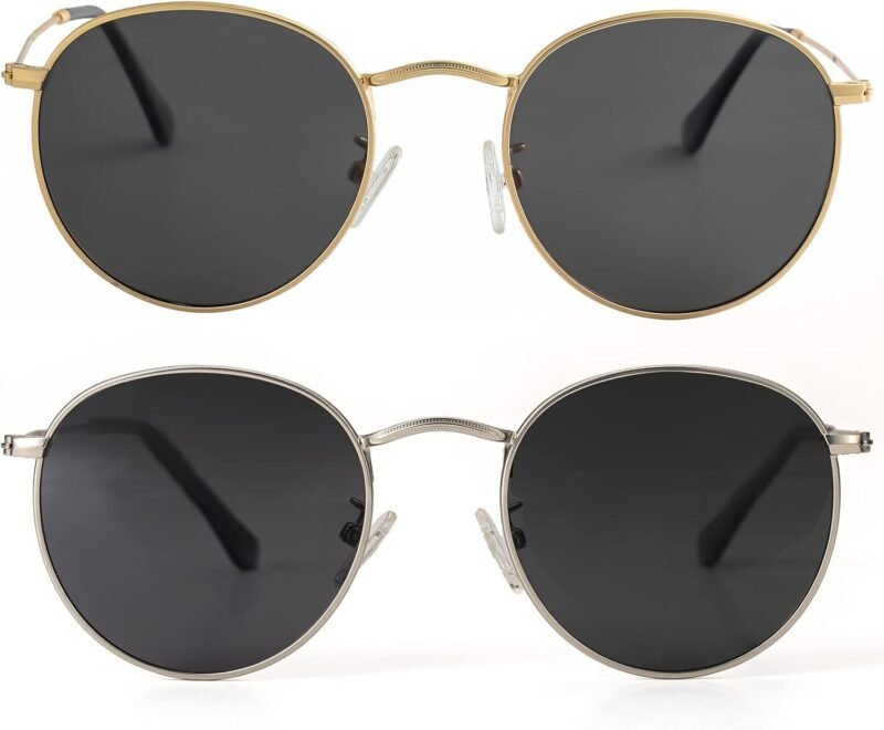 CEREMONYT Sunglasses Round Small Round Polarized Sunglasses for Men Women Classic Circle Metal Frame Sun Glasses 2 Pack