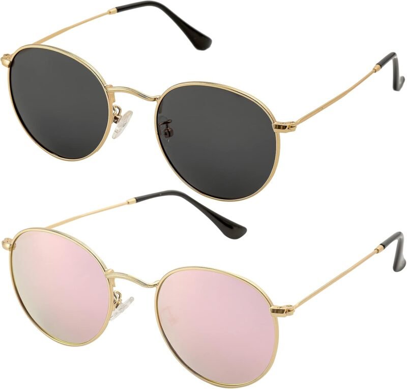 CEREMONYT Sunglasses Round Small Round Polarized Sunglasses for Men Women Classic Circle Metal Frame Sun Glasses 2 Pack