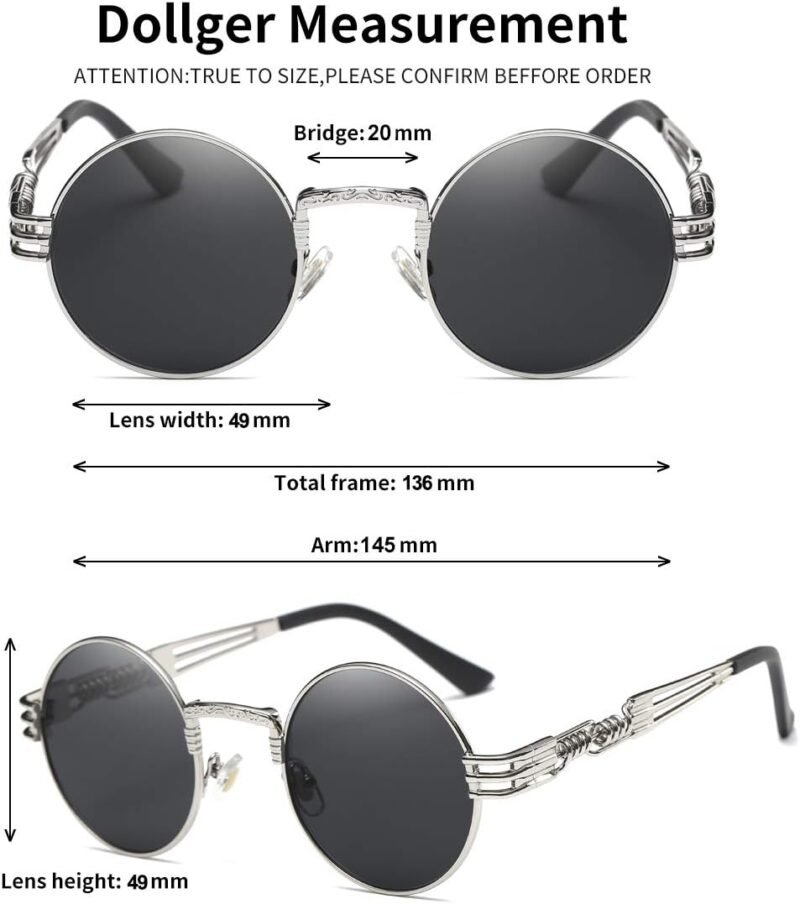 CEREMONYT Sunglasses Round  Sunglasses Steampunk Metal Classic Frame Mirror Lens(C1:Black Lens+ Silver Frame)