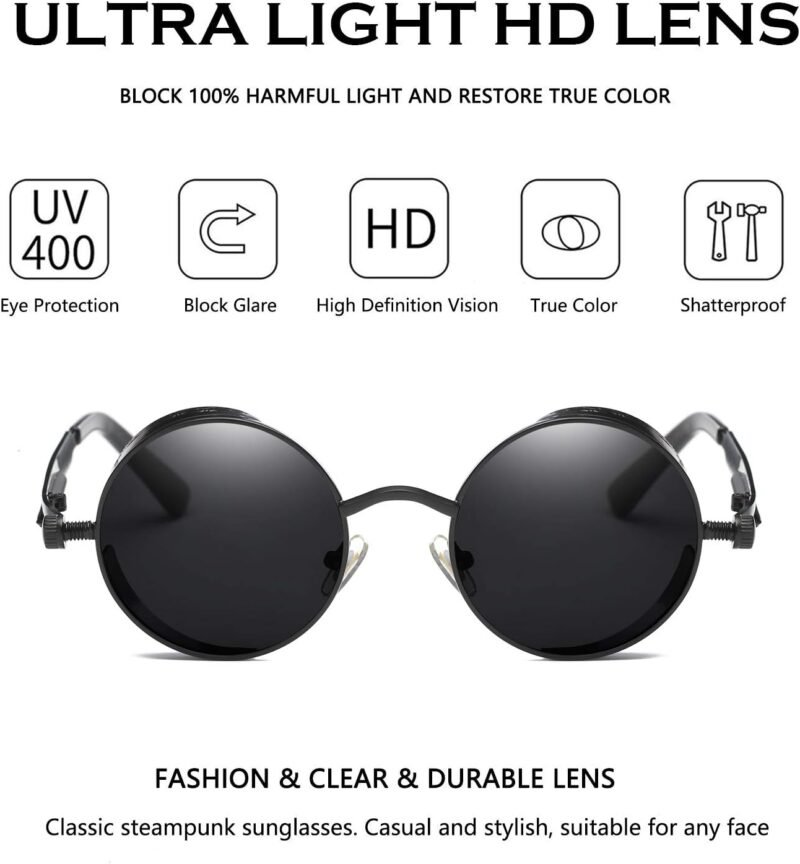 CEREMONYT Sunglasses Round  Vintage Steampunk Retro Metal Round Circle Frame Sunglasses