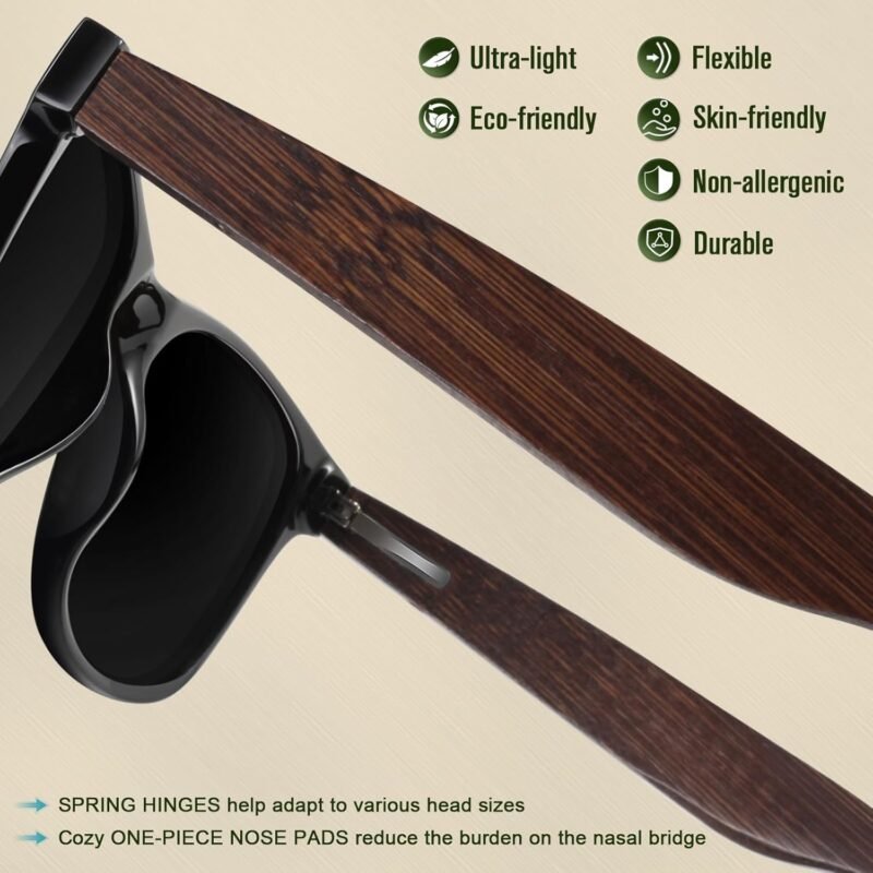 CEREMONYT Sunglasses Polarized Sunglasses Wayfarerfor Men Women with Wood Temples,Retro Dark Lenses Driving Fishing UV400 Protection