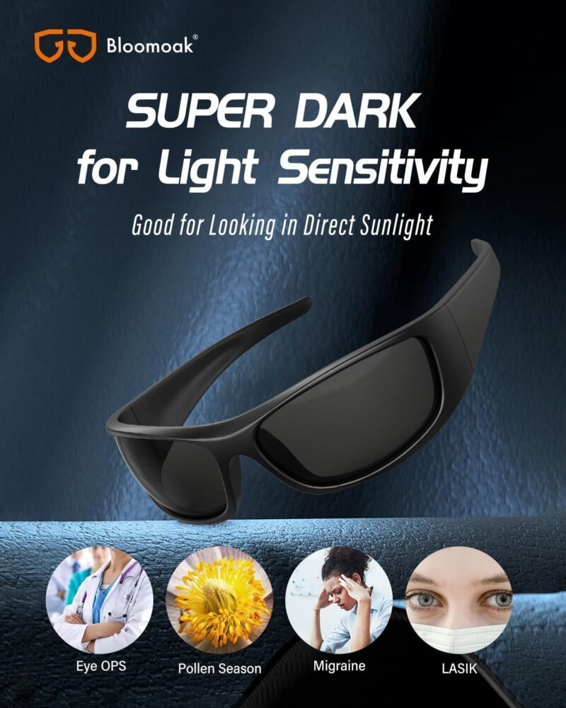 CEREMONYT Sunglasses Wraparound Super Dark Lens Black Polarized Sunglasses | Wrap Around Sport Sunglasses Unisex | UV400 | CAT 4 | For Photophobia