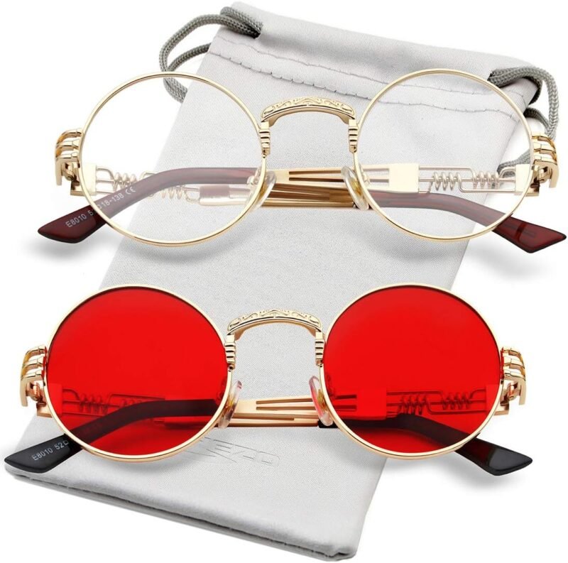 CEREMONYT Sunglasses Round  Round Steampunk Sunglasses Circle Lennon Hippie Glasses Metal Frame 100% UV Blocking Lens