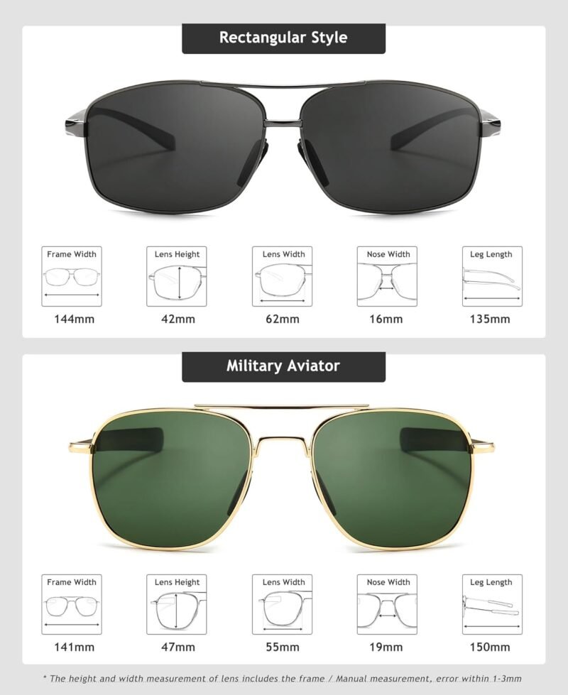 CEREMONYT Sunglasses Lightweight Rectangular Men’s Sunglasses and Military Style Polarized Pilot  Sunglasses