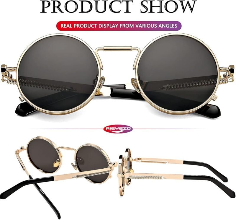 CEREMONYT Sunglasses Round Steampunk Sunglasses Circle Lennon Glasses Gothic Metal Frame 100% UV Blocking Lens