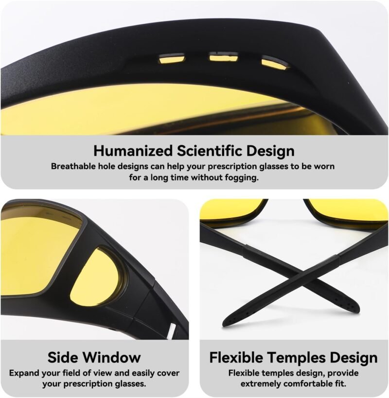 CEREMONYT Sunglasses Wraparound Night Vision Glasses for Women Men, Fit Over Prescription Glasses with Anti Glare Yellow Lens