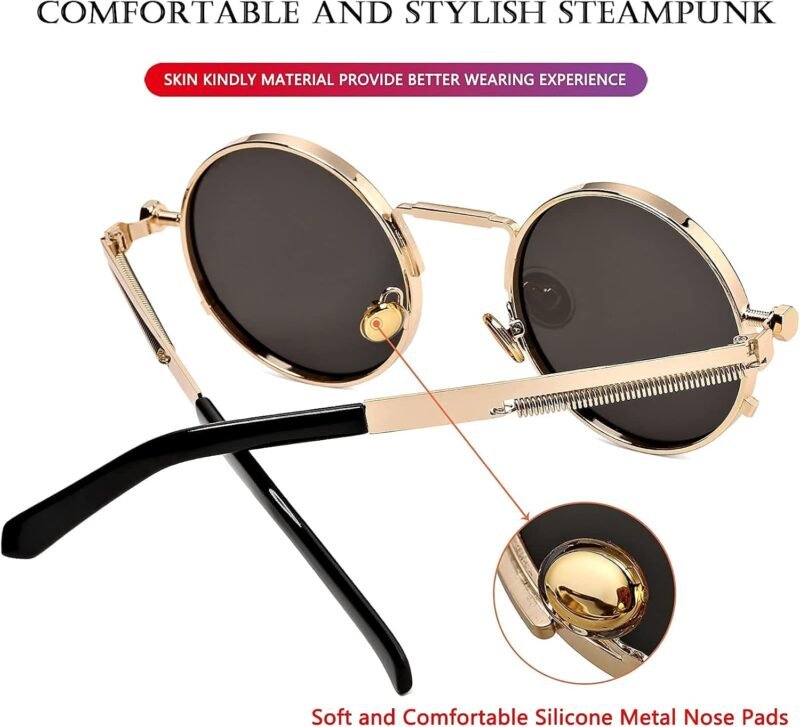 CEREMONYT Sunglasses Round Steampunk Sunglasses Circle Lennon Glasses Gothic Metal Frame 100% UV Blocking Lens