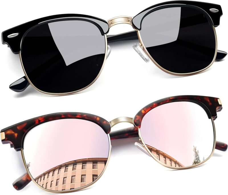 CEREMONYT Sunglasses Round  Semi-Rimless Sunglasses Half Frame Sun Glasses Brownline Shades for Women Men UV400 Protection