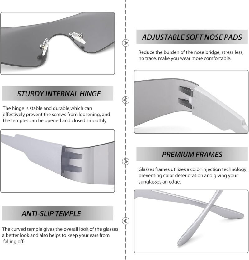 CEREMONYT Sunglasses Wraparound Y2K Rimless Futuristic Wrap Around Sunglasses Women Men, Trendy Cyberpunk Visor Sunglasses Monoblock Cyclops Shades