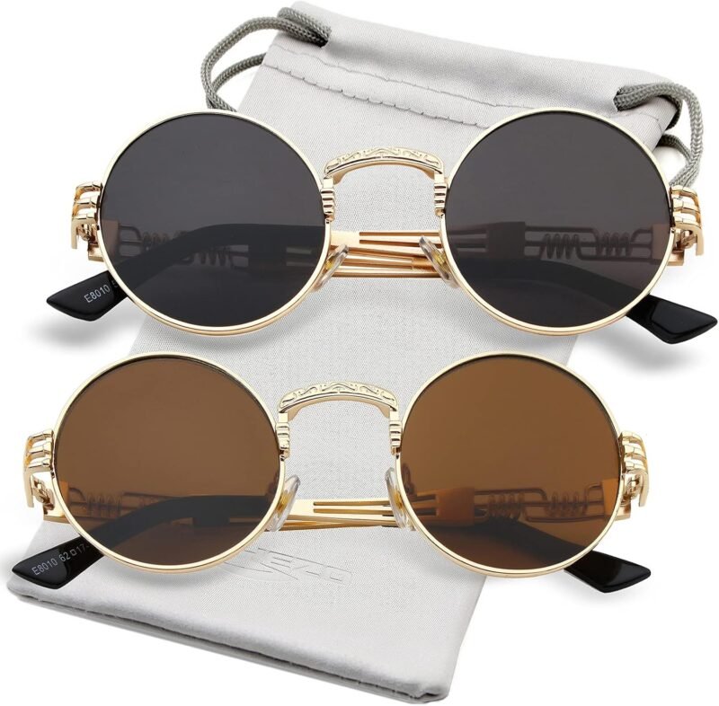 CEREMONYT Sunglasses Round  Round Steampunk Sunglasses Circle Lennon Hippie Glasses Metal Frame 100% UV Blocking Lens