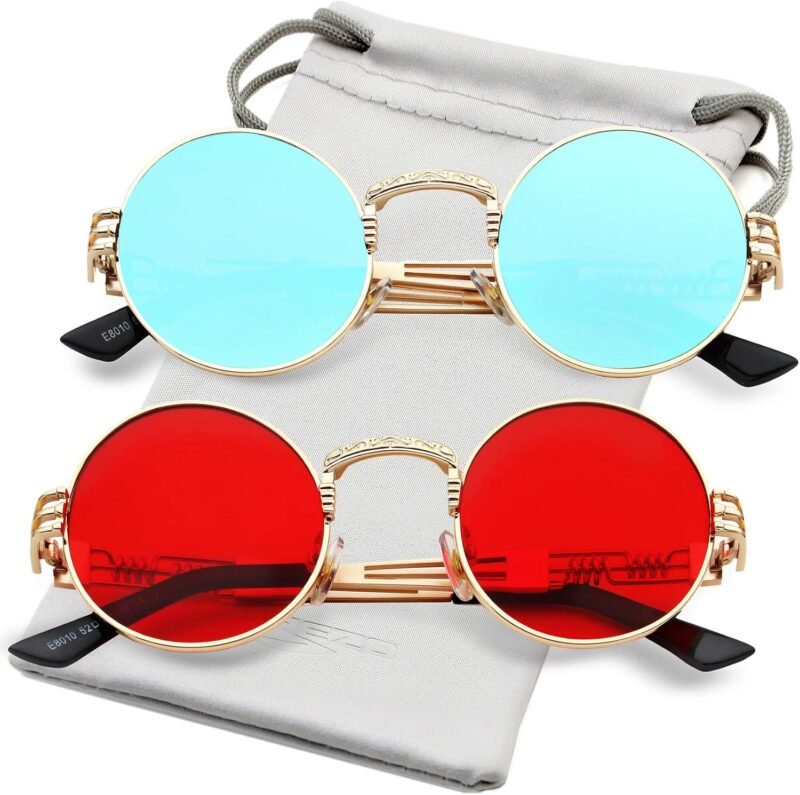 CEREMONYT Sunglasses Round  Round Steampunk Sunglasses Circle Lennon Hippie Glasses Metal Frame 100% UV Blocking Lens
