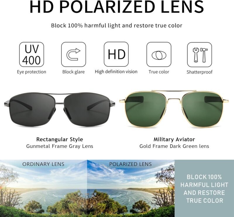 CEREMONYT Sunglasses Lightweight Rectangular Men’s Sunglasses and Military Style Polarized Pilot  Sunglasses