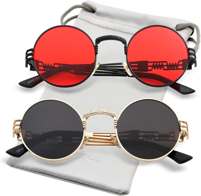 CEREMONYT Sunglasses Round  Round Steampunk Sunglasses Circle Lennon Hippie Glasses Metal Frame 100% UV Blocking Lens