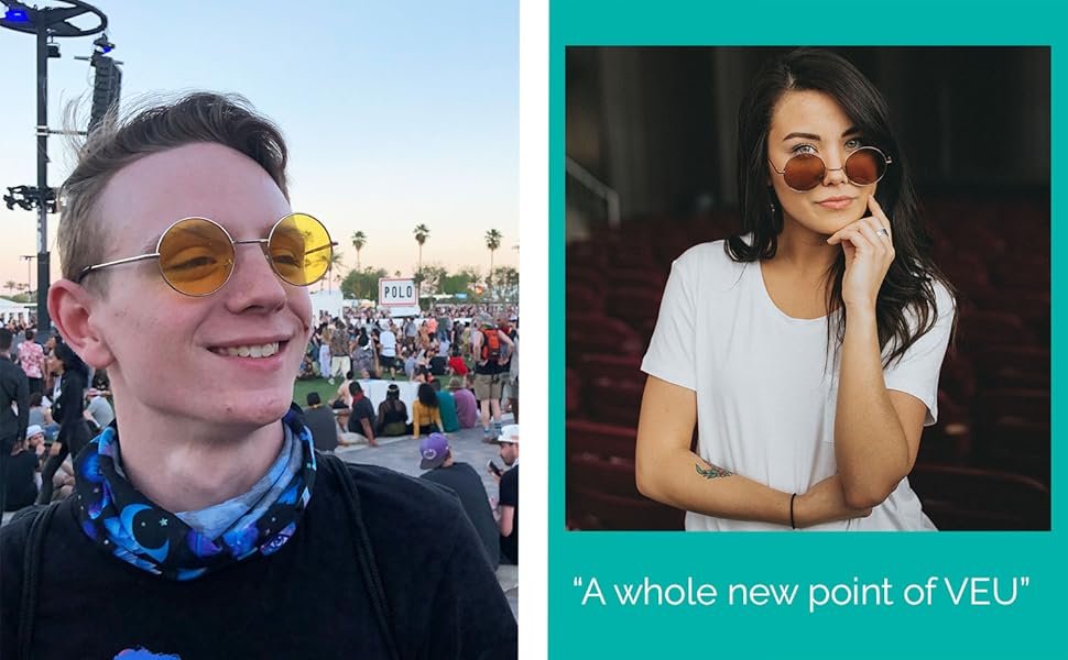 MEN WOMEN WEARING SMALL THIN WIRE METAL ROUND CIRCULAR SUNGLASSES